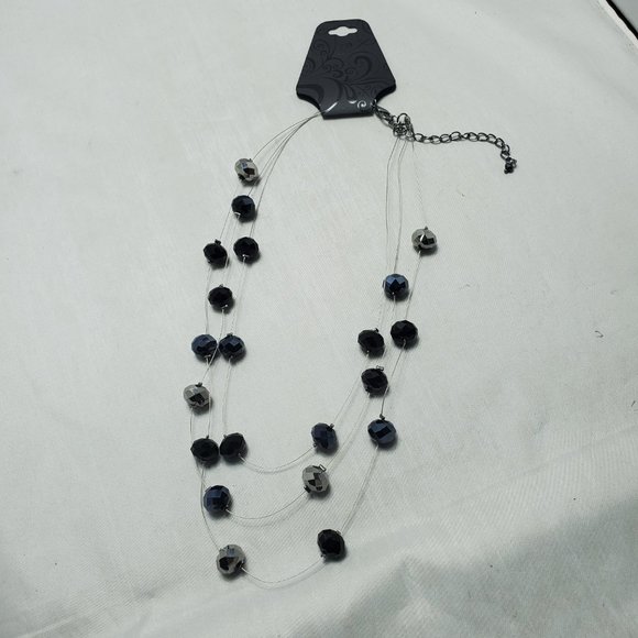 pewter ,silver beaded with silver chain 3 row illusion necklace - Picture 6 of 6